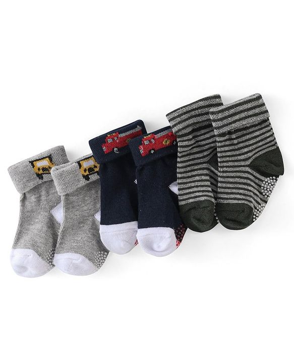 Cute Walk by Babyhug Anti Bacterial Cotton Knit Anti Skid Ankle Length Socks Strip Design Pack Of 3- Black & Grey