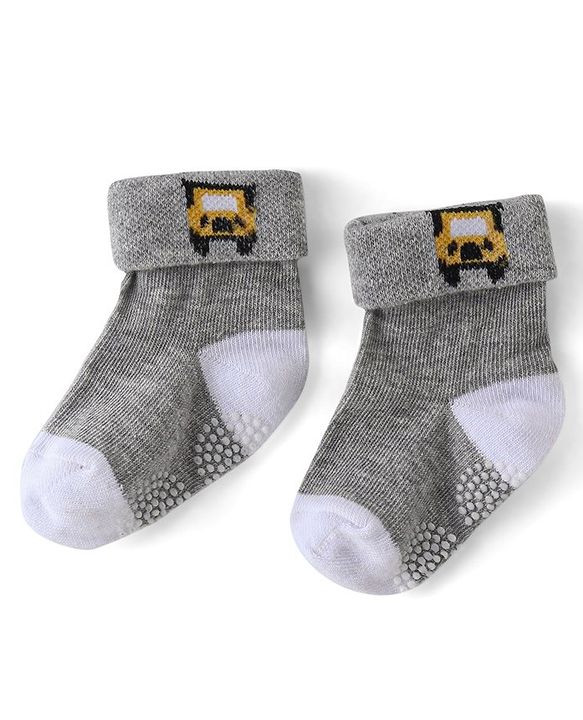 Cute Walk by Babyhug Anti Bacterial Cotton Knit Anti Skid Ankle Length Socks Strip Design Pack Of 3- Black & Grey