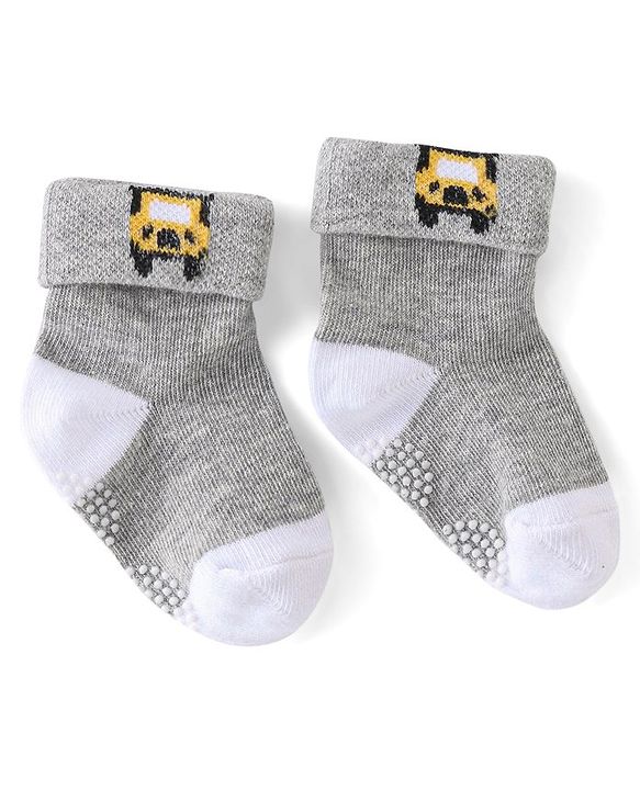 Cute Walk by Babyhug Anti Bacterial Cotton Knit Anti Skid Ankle Length Socks Strip Design Pack Of 3- Black & Grey