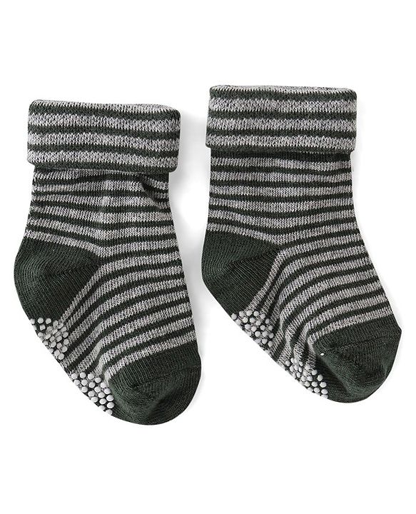 Cute Walk by Babyhug Anti Bacterial Cotton Knit Anti Skid Ankle Length Socks Strip Design Pack Of 3- Black & Grey