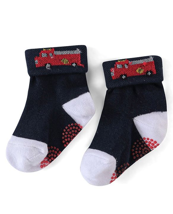 Cute Walk by Babyhug Anti Bacterial Cotton Knit Anti Skid Ankle Length Socks Strip Design Pack Of 3- Black & Grey