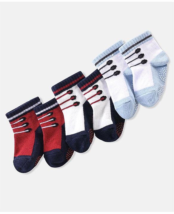 Cute Walk By Babyhug Anti Bacterial Anti Skid Ankle Length Socks Lace Print Pack Of 3 - Red Pink & Blue