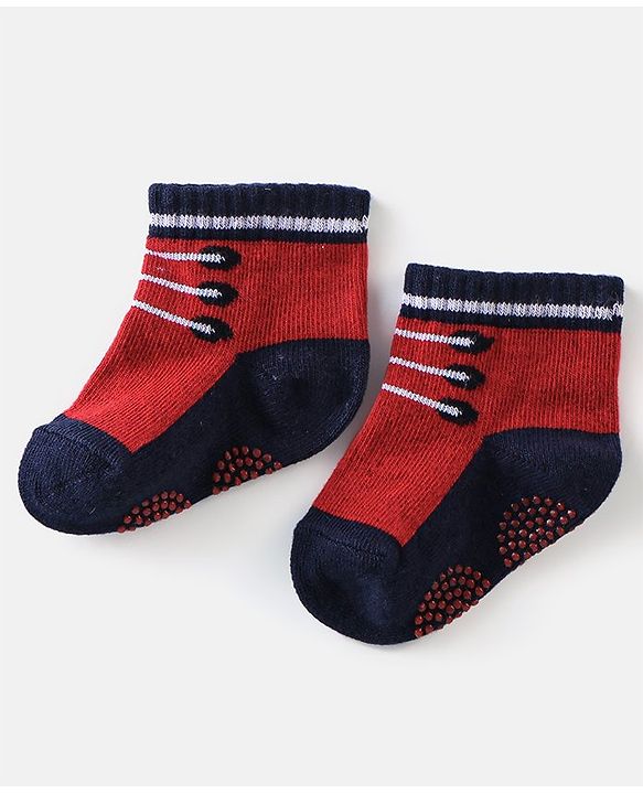 Cute Walk By Babyhug Anti Bacterial Anti Skid Ankle Length Socks Lace Print Pack Of 3 - Red Pink & Blue