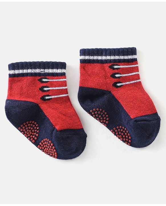 Cute Walk By Babyhug Anti Bacterial Anti Skid Ankle Length Socks Lace Print Pack Of 3 - Red Pink & Blue