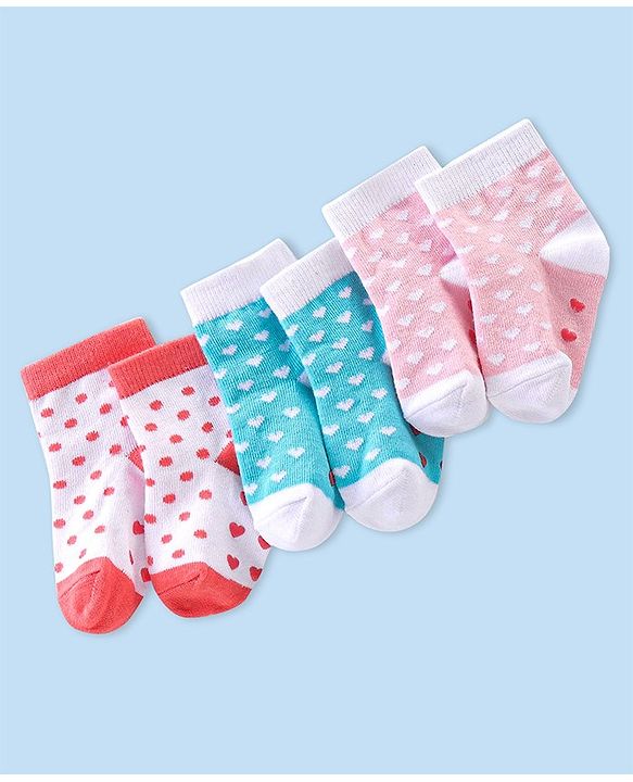 Cute Walk By Babyhug Anti-Bacterial & Anti- Skid Ankle Length with Heart & Dot Design Socks Pack of 3- Multicolour