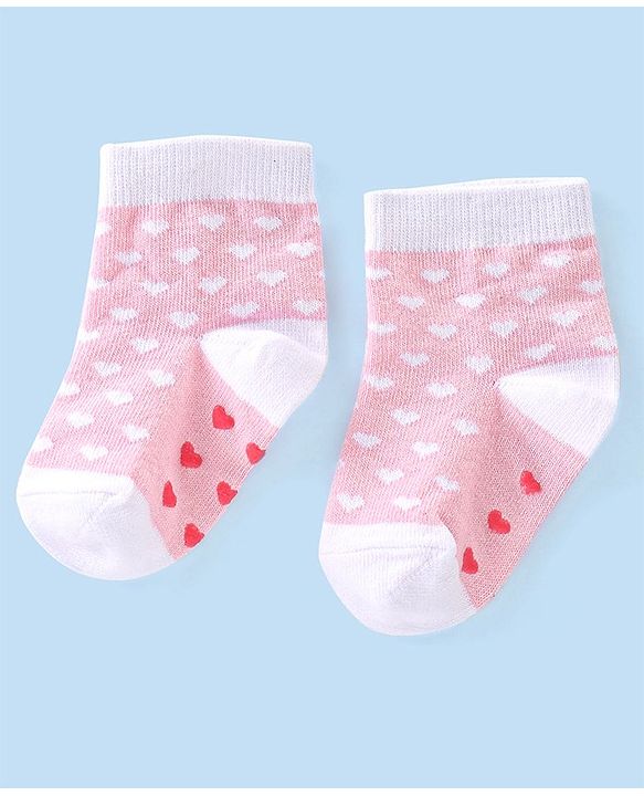 Cute Walk By Babyhug Anti-Bacterial & Anti- Skid Ankle Length with Heart & Dot Design Socks Pack of 3- Multicolour
