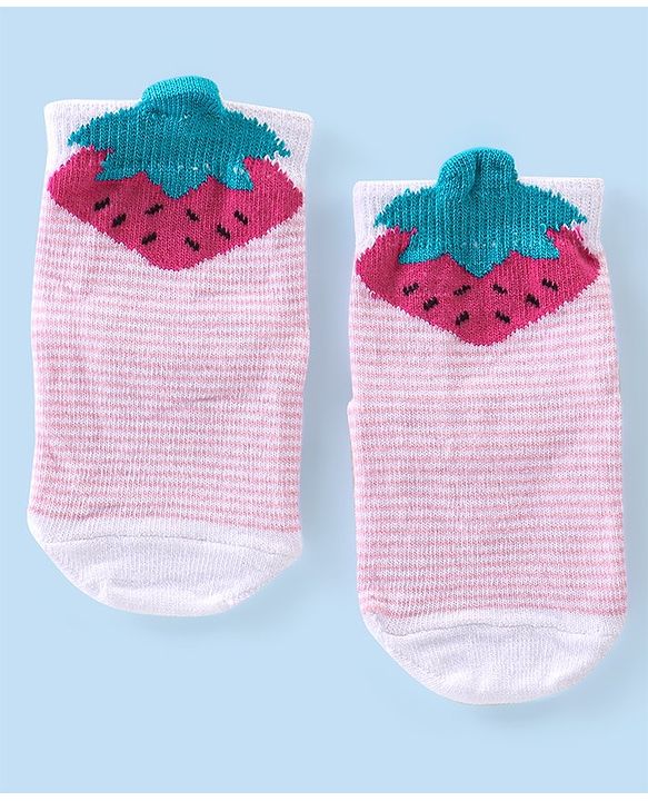 Cute Walk By Babyhug Anti-Bacterial & Anti- Skid Ankle Length with Fruit & Striped Design Socks Pack of 3- Multicolour