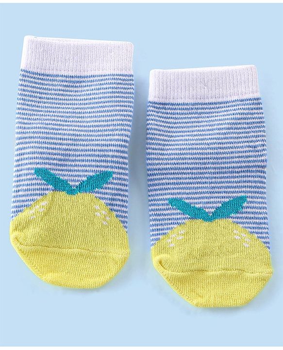 Cute Walk By Babyhug Anti-Bacterial & Anti- Skid Ankle Length with Fruit & Striped Design Socks Pack of 3- Multicolour