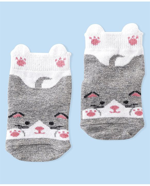 Cutewalk By Babyhug Anti Bacterial Anti Skid Ankle Length Socks Kitty Print - Grey & White