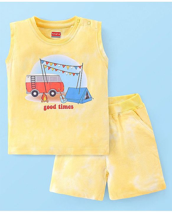 Babyhug 100% Cotton Sleeveless T-Shirt & Shorts With Camp Theme Print - Yellow