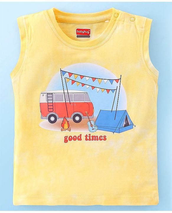 Babyhug 100% Cotton Sleeveless T-Shirt & Shorts With Camp Theme Print - Yellow