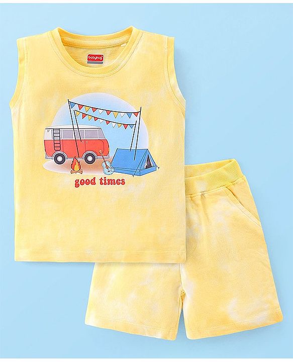 Babyhug 100% Cotton Sleeveless T-Shirt & Shorts With Camp Theme Print - Yellow