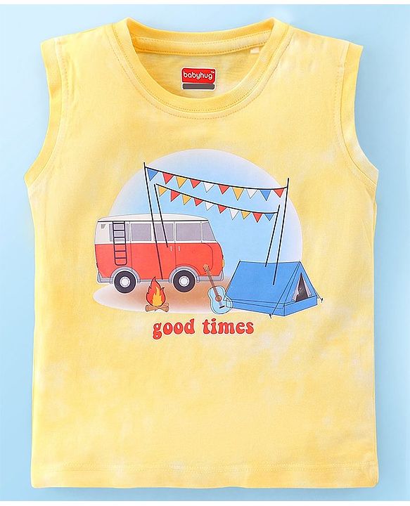 Babyhug 100% Cotton Sleeveless T-Shirt & Shorts With Camp Theme Print - Yellow
