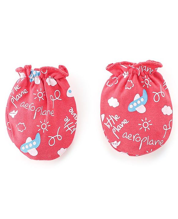Babyhug 100% Cotton Knit Mittens & Booties Set Airplane & Text Print- Red