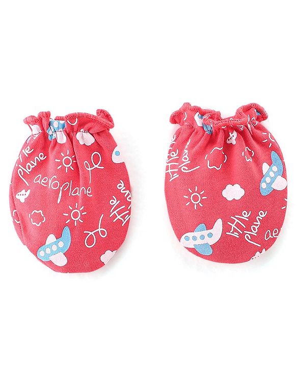 Babyhug 100% Cotton Knit Mittens & Booties Set Airplane & Text Print- Red