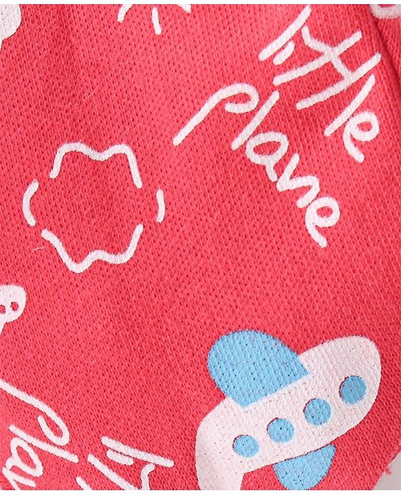 Babyhug 100% Cotton Knit Mittens & Booties Set Airplane & Text Print- Red