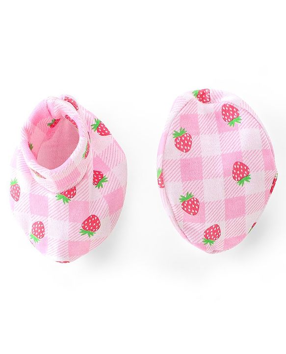 Babyhug 100% Cotton Knit Mittens & Booties Set Strawberry & Checks  Print- Pink