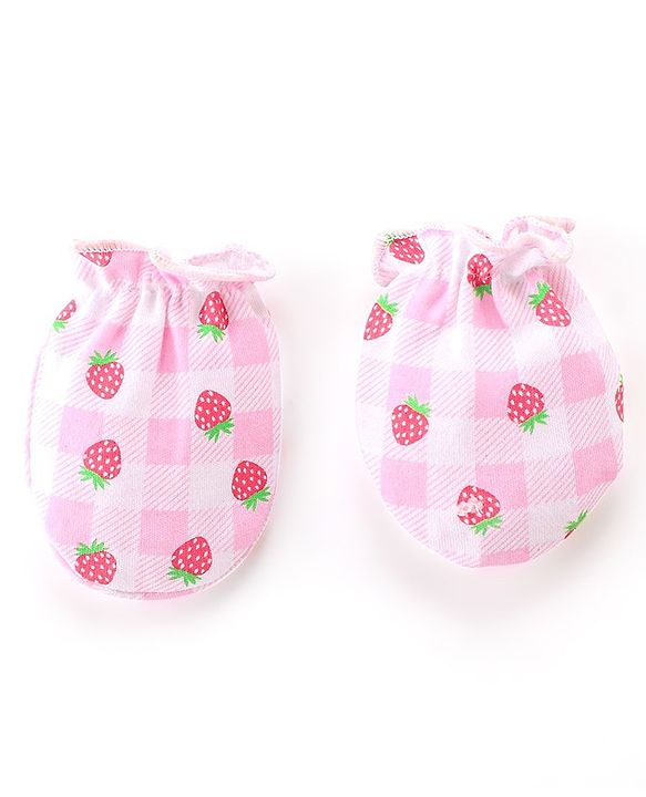 Babyhug 100% Cotton Knit Mittens & Booties Set Strawberry & Checks  Print- Pink