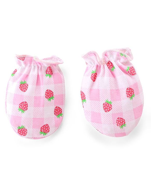 Babyhug 100% Cotton Knit Mittens & Booties Set Strawberry & Checks  Print- Pink
