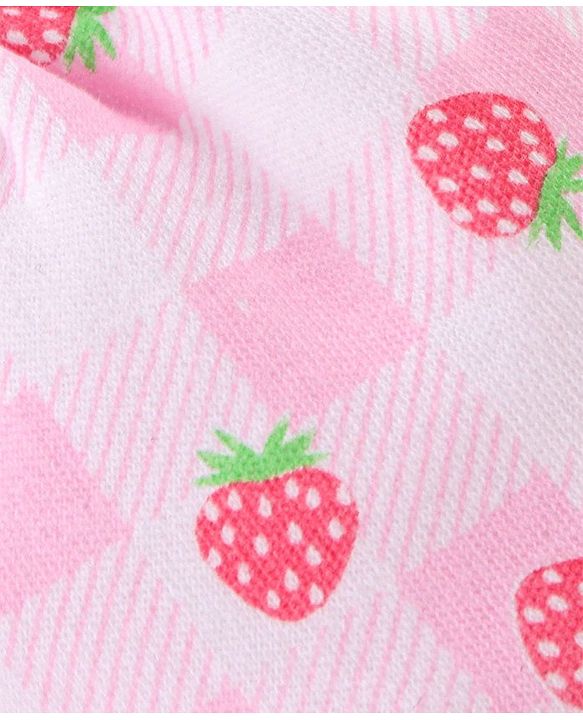 Babyhug 100% Cotton Knit Mittens & Booties Set Strawberry & Checks  Print- Pink