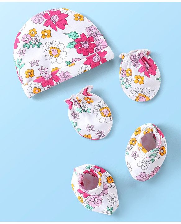 Babyhug 100% Cotton Knit Cap Mittens & Booties With Floral Print White - Diameter 10 cm