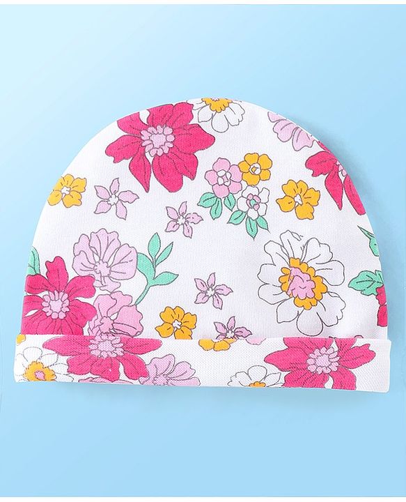 Babyhug 100% Cotton Knit Cap Mittens & Booties With Floral Print White - Diameter 10 cm