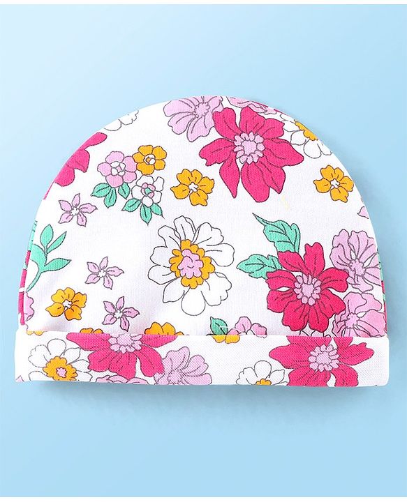 Babyhug 100% Cotton Knit Cap Mittens & Booties With Floral Print White - Diameter 10 cm