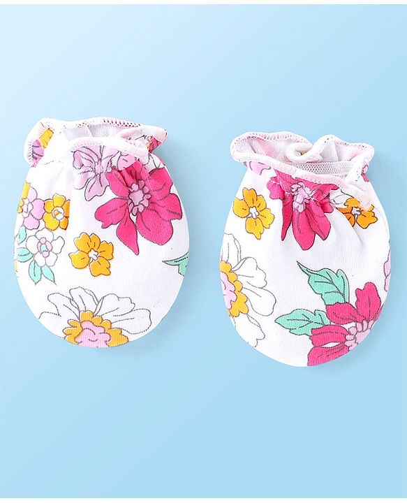 Babyhug 100% Cotton Knit Cap Mittens & Booties With Floral Print White - Diameter 10 cm