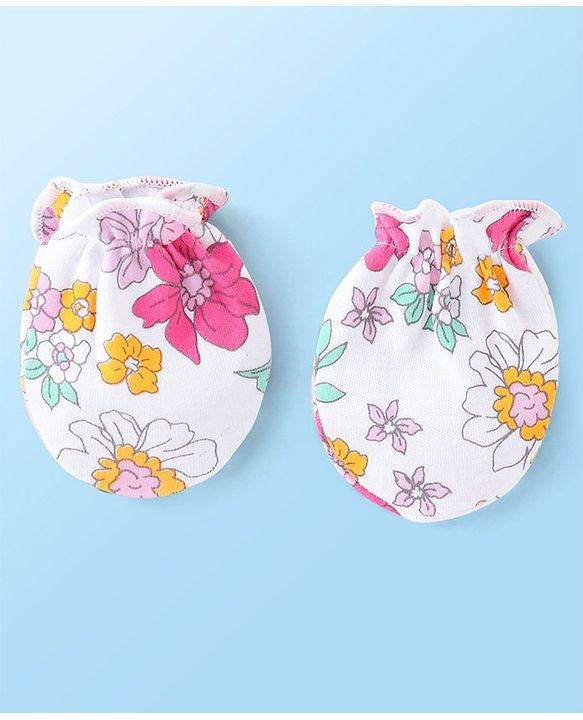 Babyhug 100% Cotton Knit Cap Mittens & Booties With Floral Print White - Diameter 10 cm
