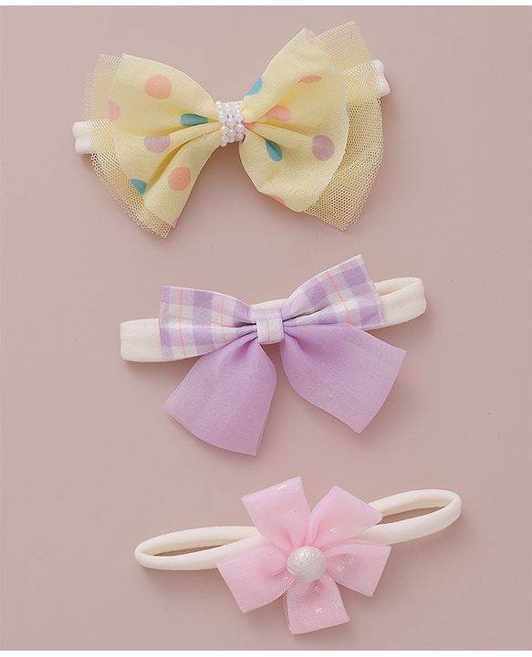 Babyhug Free Size Bow & Flower Headband Checked Polka Dot Print Pack of 3 - Yellow Purple & Light Pink