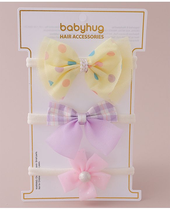 Babyhug Free Size Bow & Flower Headband Checked Polka Dot Print Pack of 3 - Yellow Purple & Light Pink
