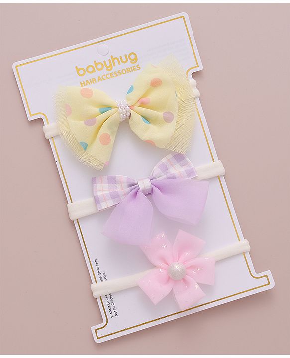 Babyhug Free Size Bow & Flower Headband Checked Polka Dot Print Pack of 3 - Yellow Purple & Light Pink