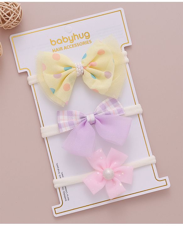Babyhug Free Size Bow & Flower Headband Checked Polka Dot Print Pack of 3 - Yellow Purple & Light Pink