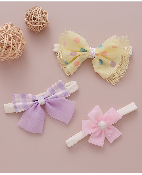 Babyhug Free Size Bow & Flower Headband Checked Polka Dot Print Pack of 3 - Yellow Purple & Light Pink