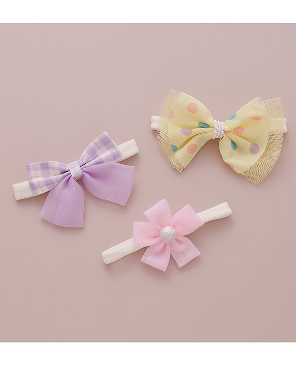 Babyhug Free Size Bow & Flower Headband Checked Polka Dot Print Pack of 3 - Yellow Purple & Light Pink