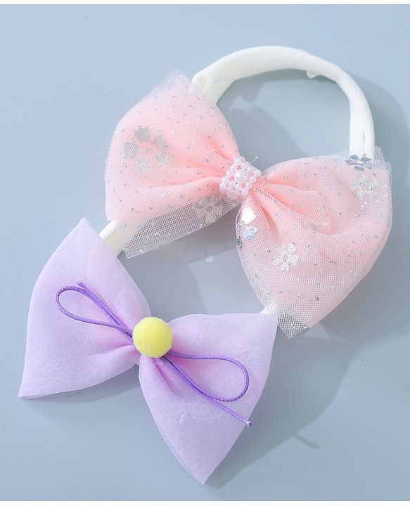 Babyhug Headbands Set with Bow Applique Free Size Pack of 2 - Pink & Purple