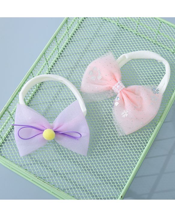 Babyhug Headbands Set with Bow Applique Free Size Pack of 2 - Pink & Purple