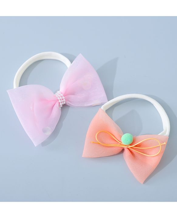 Babyhug Headbands Set with Bow Applique Free Size Pack of 2 - Light  Pink & Orange
