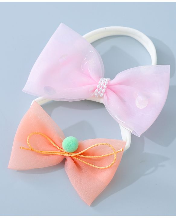 Babyhug Headbands Set with Bow Applique Free Size Pack of 2 - Light  Pink & Orange