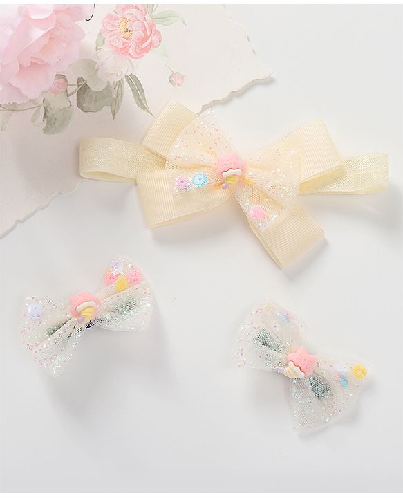 Babyhug Headband & Hair Clips Set with Bow Applique - Beige