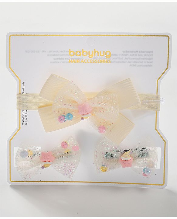 Babyhug Headband & Hair Clips Set with Bow Applique - Beige