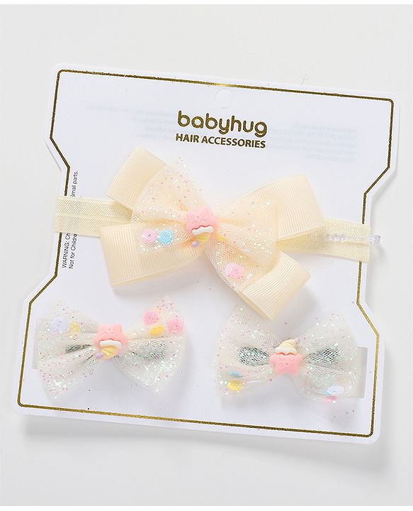 Babyhug Headband & Hair Clips Set with Bow Applique - Beige