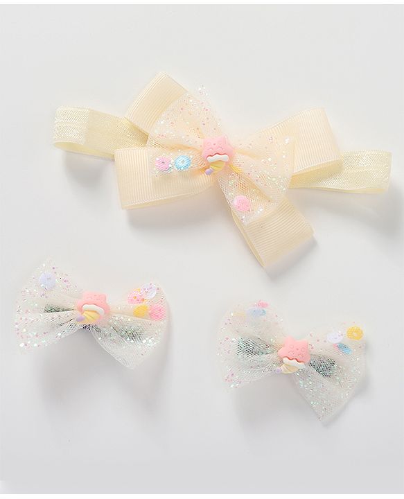 Babyhug Headband & Hair Clips Set with Bow Applique - Beige