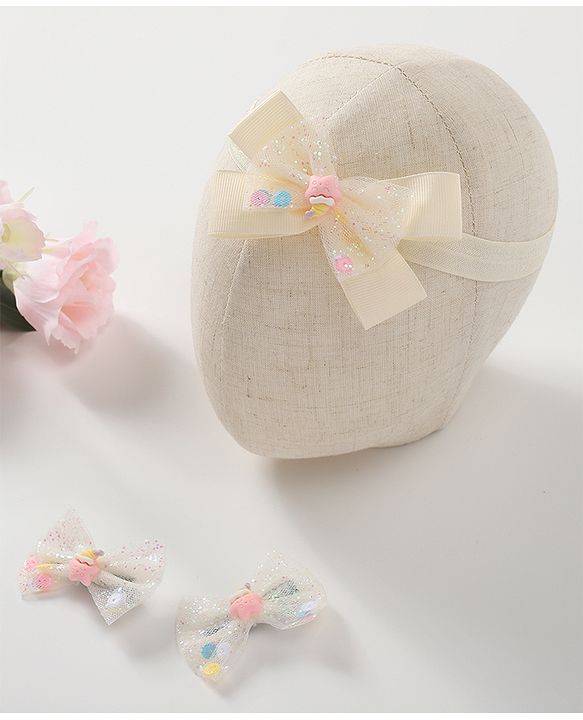 Babyhug Headband & Hair Clips Set with Bow Applique - Beige