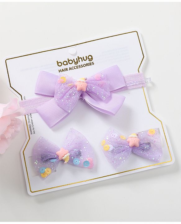 Babyhug Bow Design Headband with 2 Hair Clips - Purple