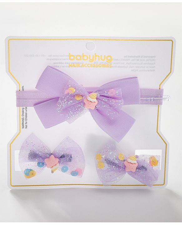 Babyhug Bow Design Headband with 2 Hair Clips - Purple