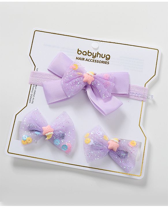 Babyhug Bow Design Headband with 2 Hair Clips - Purple