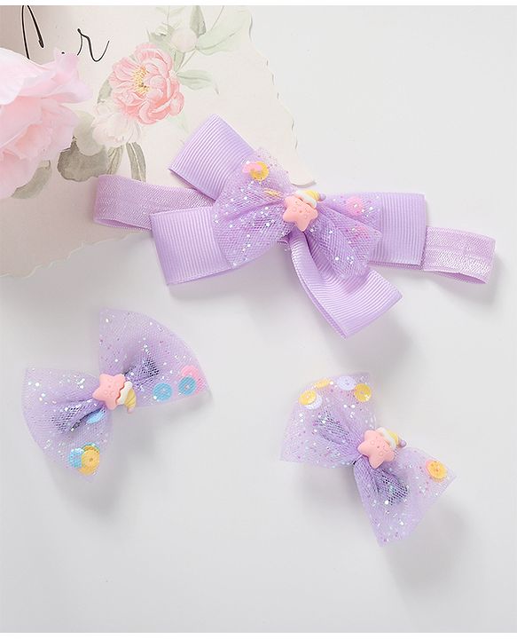 Babyhug Bow Design Headband with 2 Hair Clips - Purple