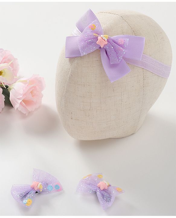 Babyhug Bow Design Headband with 2 Hair Clips - Purple