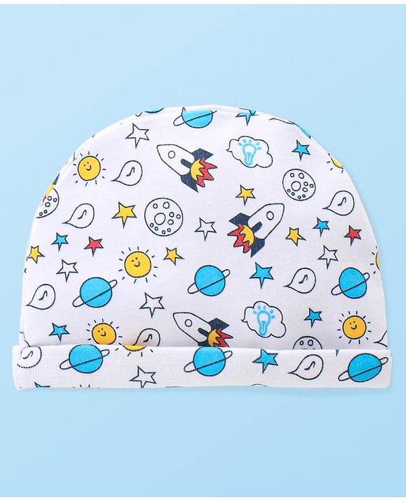 Babyhug 100% Cotton Knitted Cap Mittens & Booties with Space Print- White